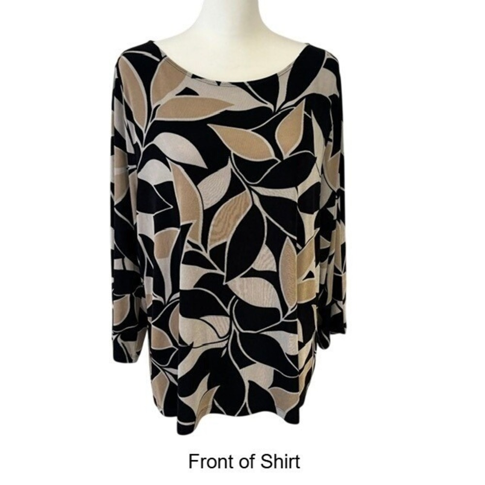Chico's Travelers Top Women 3 XL Black Tan Leaf Print Excellent 3/4 Sleeve Scoop